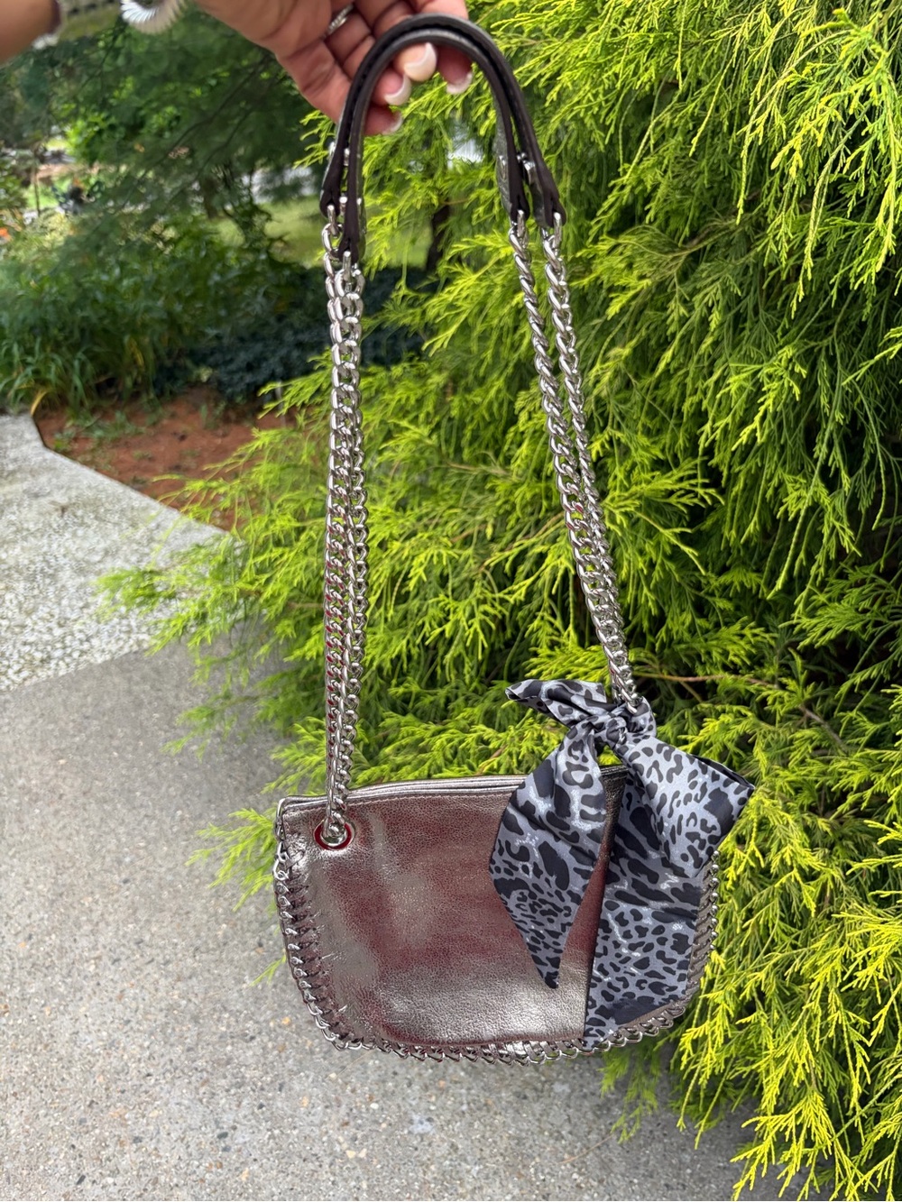 Michael Kors Metallic Chain-Trim Shoulder Bag Pewter with Leopard Scarf